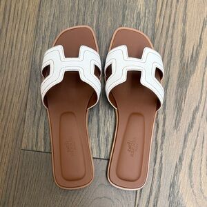 Hermes White Orange Leather Slide Sandals by - Women's